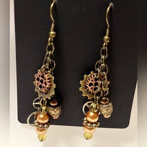 Hand Crafted Bronze & Copper Gear Dangle Earrings with Golden Pearls